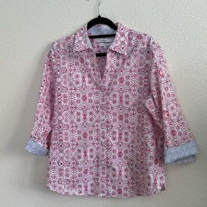 FOXCROFT BLOUSE ladies size L pink blue white print Easy Care 3/4 sleeve